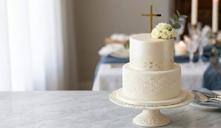 "Elegant white and gold Confirmation cake with a cross topper for a family celebration."