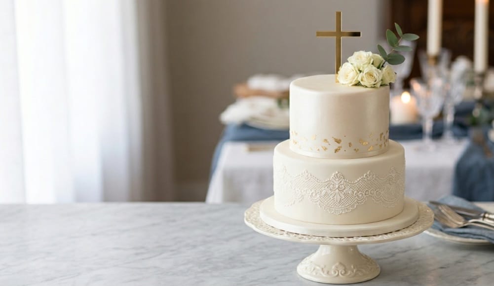 "Elegant white and gold Confirmation cake with a cross topper for a family celebration."