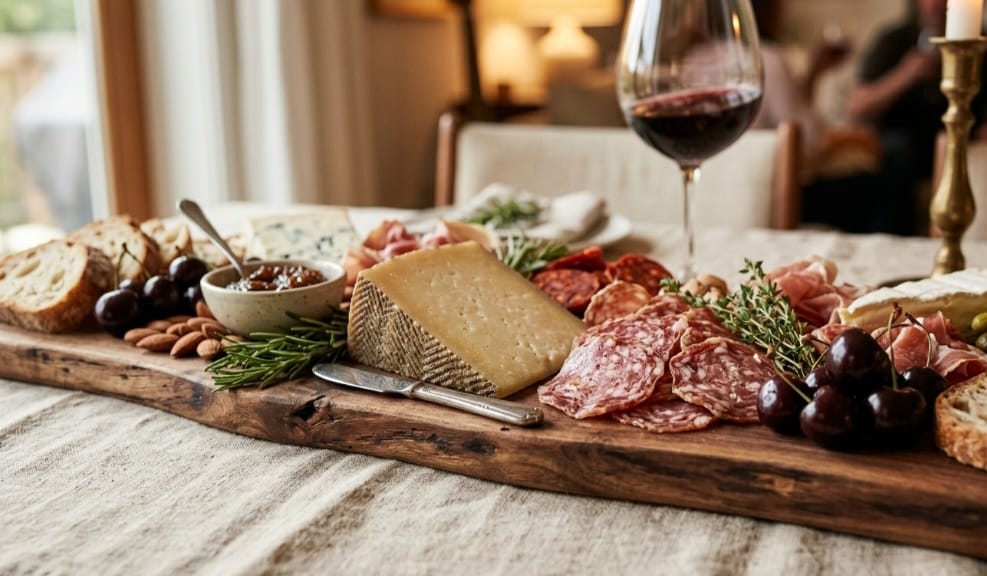 A high-end charcuterie board on a dark wood table featuring a wheel of Brie, ribbons of Prosciutto di Parma, dark purple grapes, and small jars of honey and jam for a sophisticated hosting spread