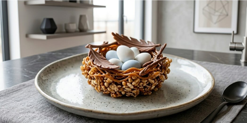 A sophisticated Mars Bar Crispy Nest deconstructed for culinary flavor research at Emmah's Kitchen.